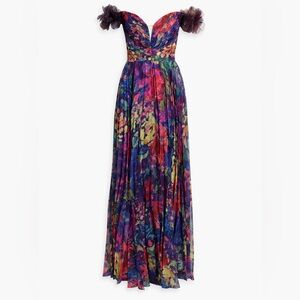 Marchesa Notte Off-the-Shoulder Pleated Floral-Print Chiffon Gown Size 4